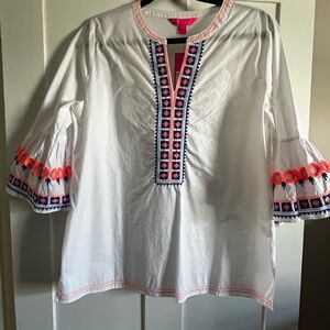 Lilly Pulitzer White Top with Vibrant Orange and Blue Embroidery